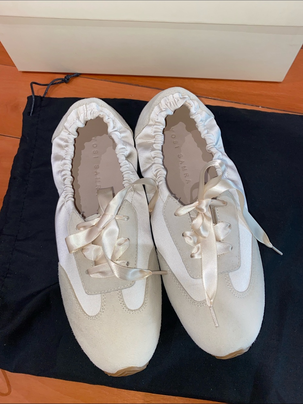 Yosi Samra Cream Satin-Trim Suede and Leather Sneakers